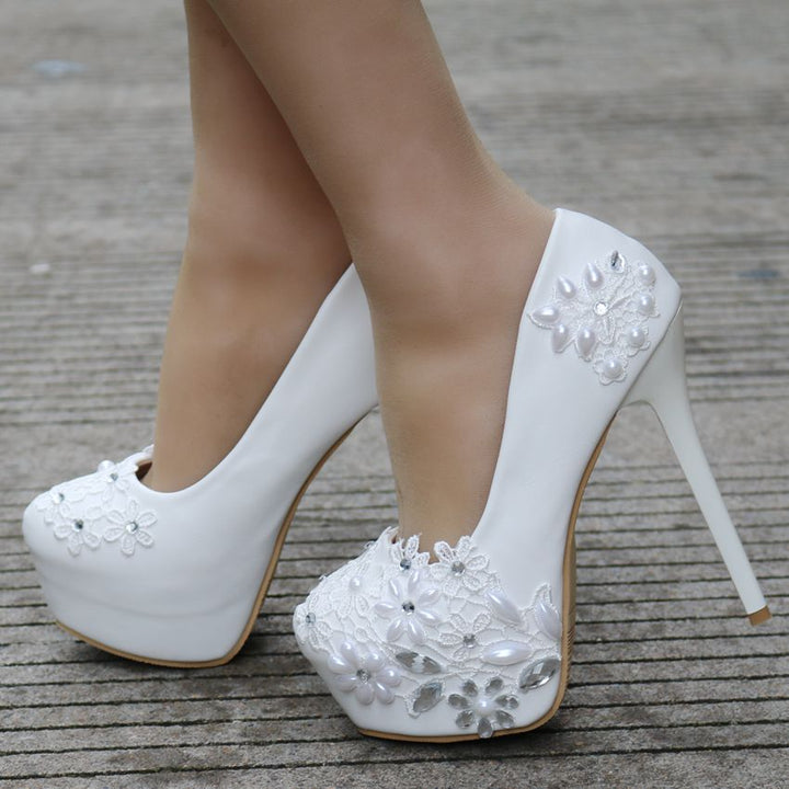 Lace High-heeled Shoes Rhinestone Pearl Stiletto Heel Pumps-Womens Footwear-Zishirts