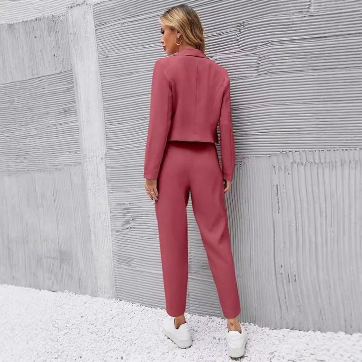 Solid Color Lapel Long Sleeve Dungarees Fashion Two-piece Suit-Suits & Sets-Zishirts