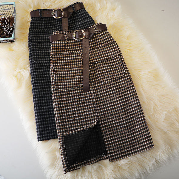 Autumn And Winter Woolen Plaid Sheath Skirt Women-Women's Outerwear 2023-Zishirts