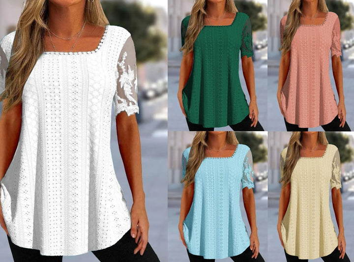 Summer New Square Neck T-shirt Hole Hollow-out-Blouses & Shirts-Zishirts