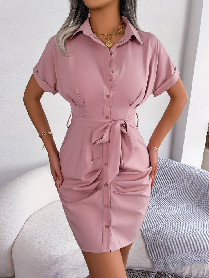 Women's Casual Solid Color Batwing Sleeve Waist-tight Folding Shirt Dress-Lady Dresses-Zishirts