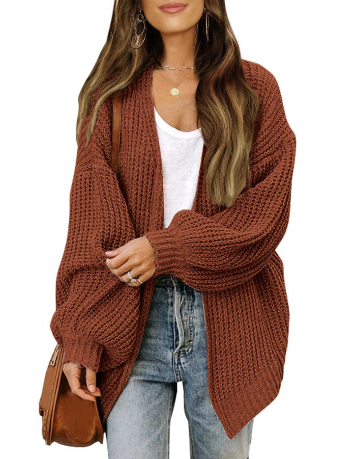 Fashion Lantern-sleeved Sweater With Pockets Casual Loose Solid Knit Cardigan Autumn Tops Womens Clothing-Jackets-Zishirts