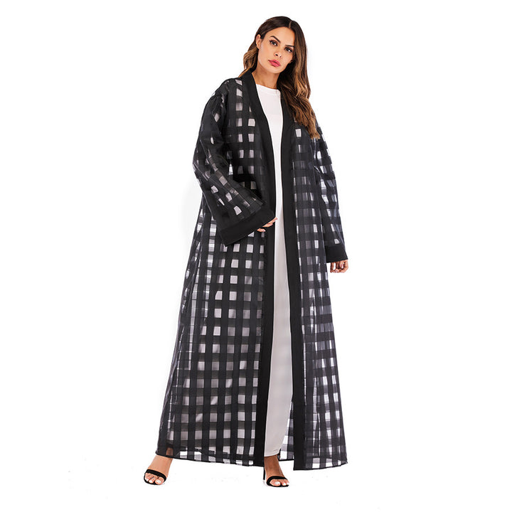 Muslim Plaid Loose Sleeved Lace Up Robe For Women-Jackets-Zishirts