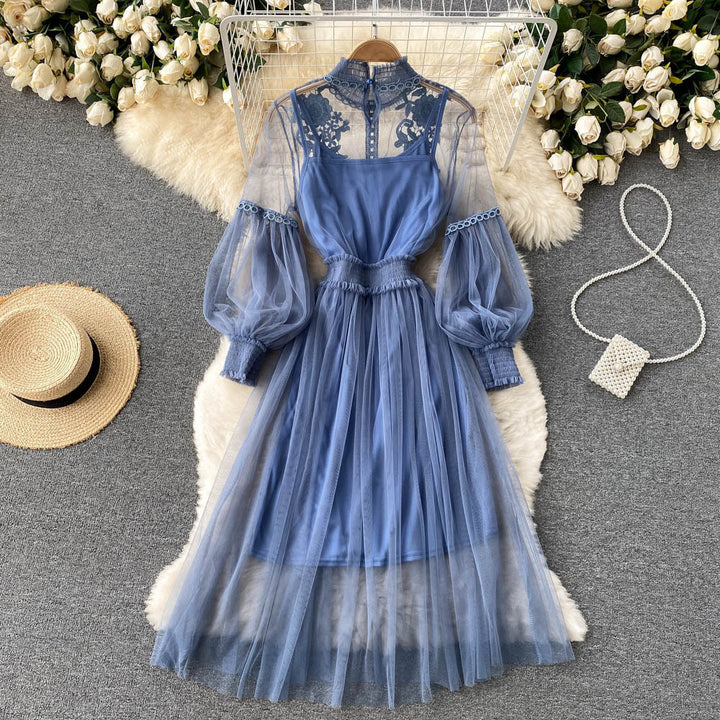 Mesh Graceful Stand Collar Lantern Sleeve High Waist Slimming Suspenders Dress-Lady Dresses-Zishirts