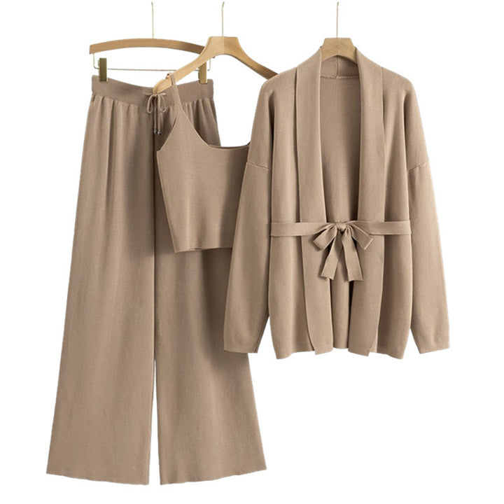 Loose Casual Fashion Women's Cardigan Jacket Sling Wide-leg Pants Suit-Suits & Sets-Zishirts