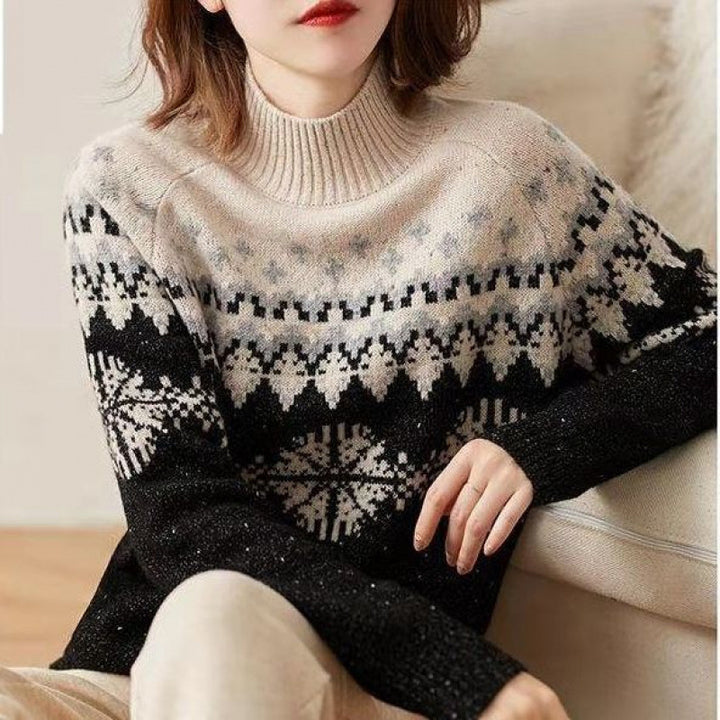 Autumn And Winter Spring New Half Turtleneck Knitted Snowflake Retro Loose Sweater-Jackets-Zishirts