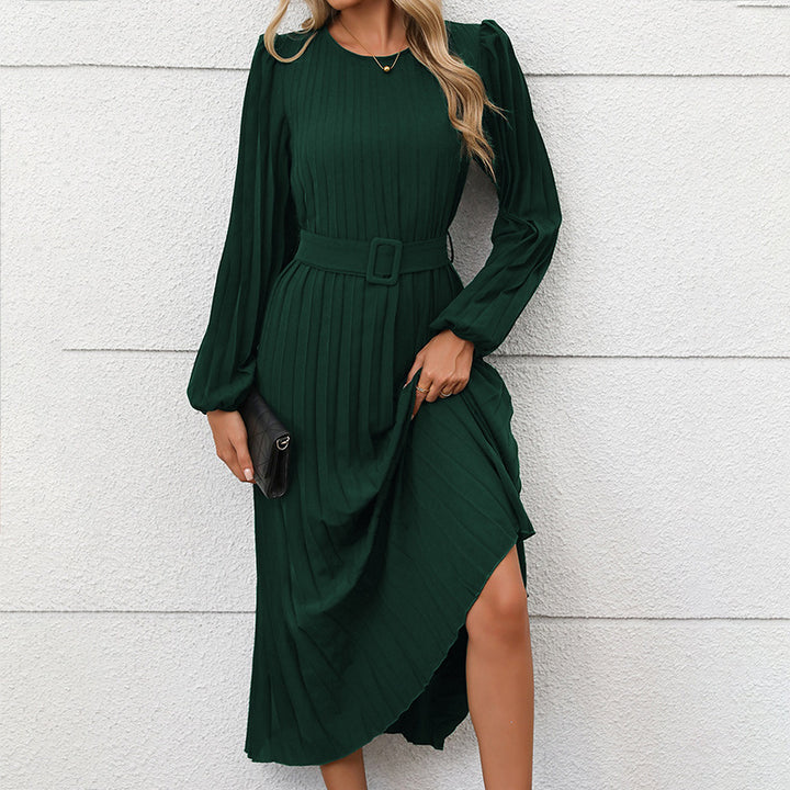 Women's Dress Long Sleeve Pleated Round Neck-Lady Dresses-Zishirts