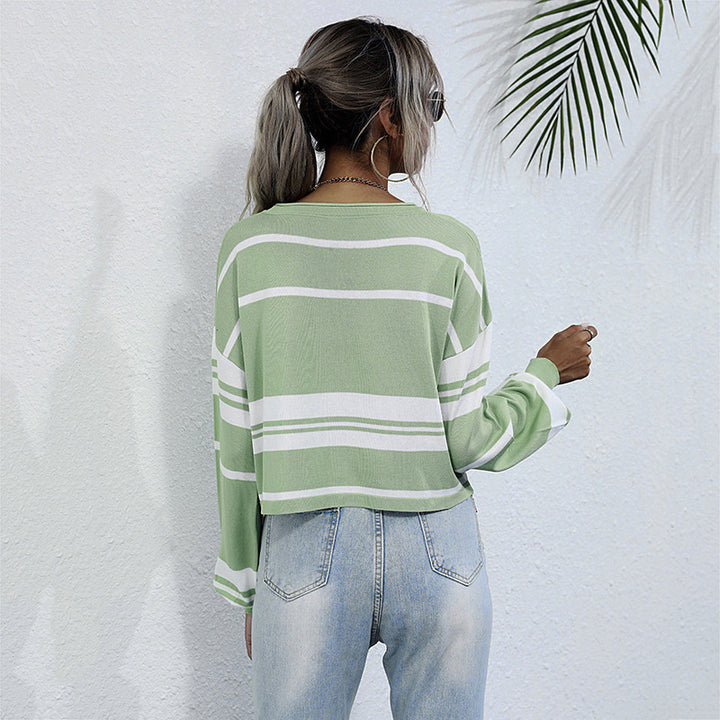 Crew-neck Striped Bottomed Knit Sweater For Women-Sweaters-Zishirts