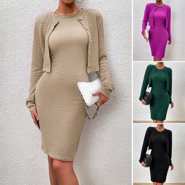 Women's Stylish Temperament Long Sleeves Top Round Neck Sheath Dress Suit-Suits & Sets-Zishirts