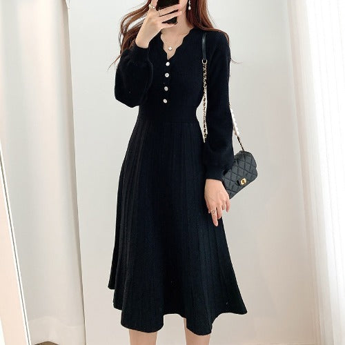 Waist-tight Slimming V-neckline Long Sleeve Mid-length Sweater Dress-Lady Dresses-Zishirts