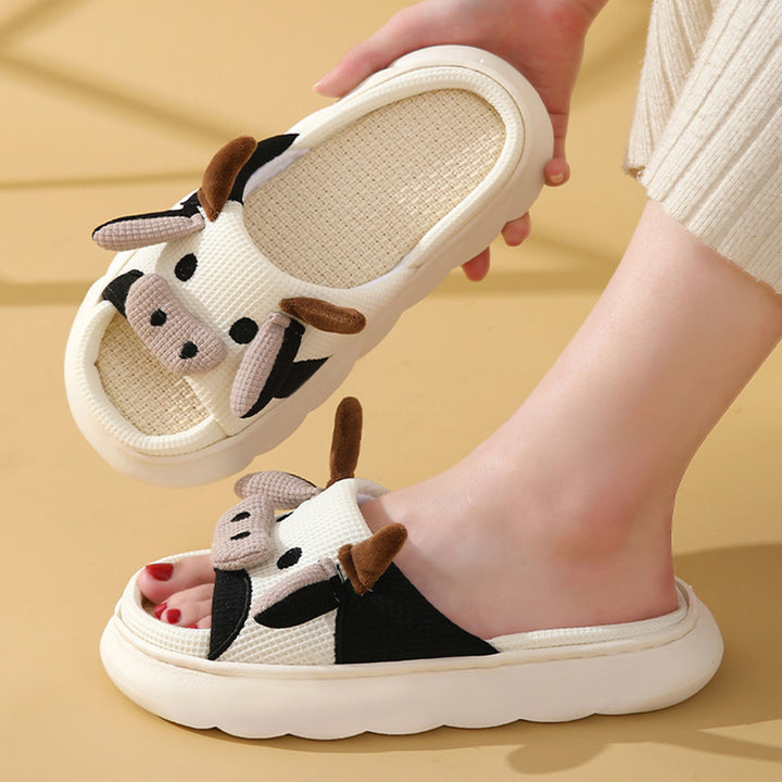 Cute Cartoon Cow Frog Slippers Linen Non-slip Shoes Indoor Garden Home Slippers-Womens Footwear-Zishirts