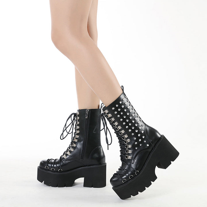 Autumn And Winter New Chunky Heel Side Zip Thick Bottom Fashion Rivet Knight Boots-Womens Footwear-Zishirts