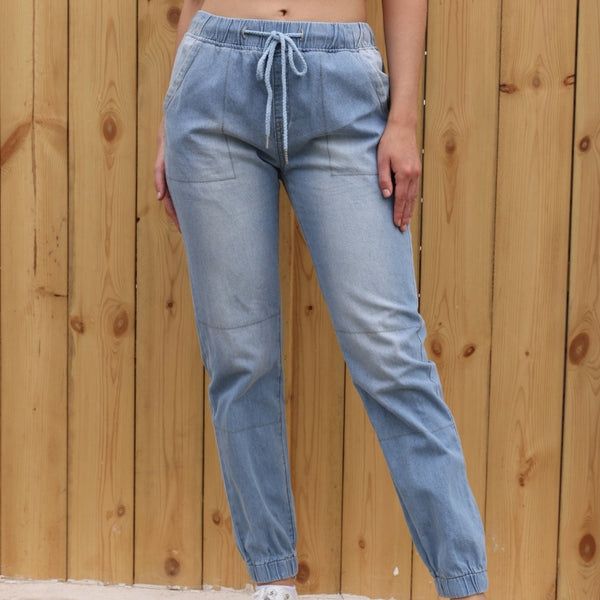 Casual Jeans Light Blue Elastic Waist String Trousers-Woman Jeans-Zishirts