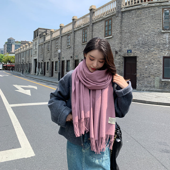 250g Solid Color Artificial Cashmere Scarf Thickened Warm Tassel Monochrome Shawl-Scarves & Wraps-Zishirts