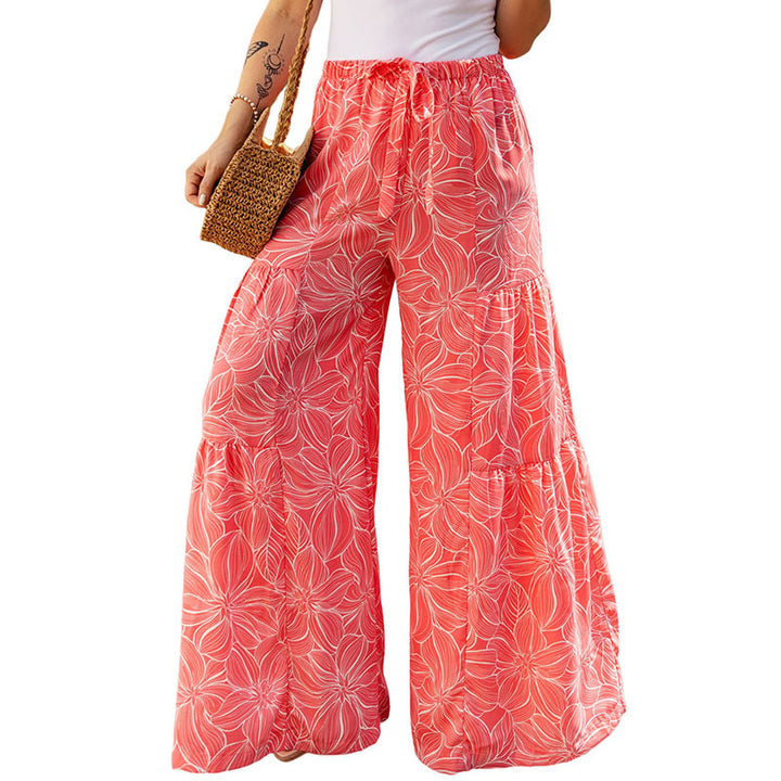 Women's Bohemian Style Summer Lace-up Wide-leg Pants Printed High Waist Casual Trousers-Suits & Sets-Zishirts