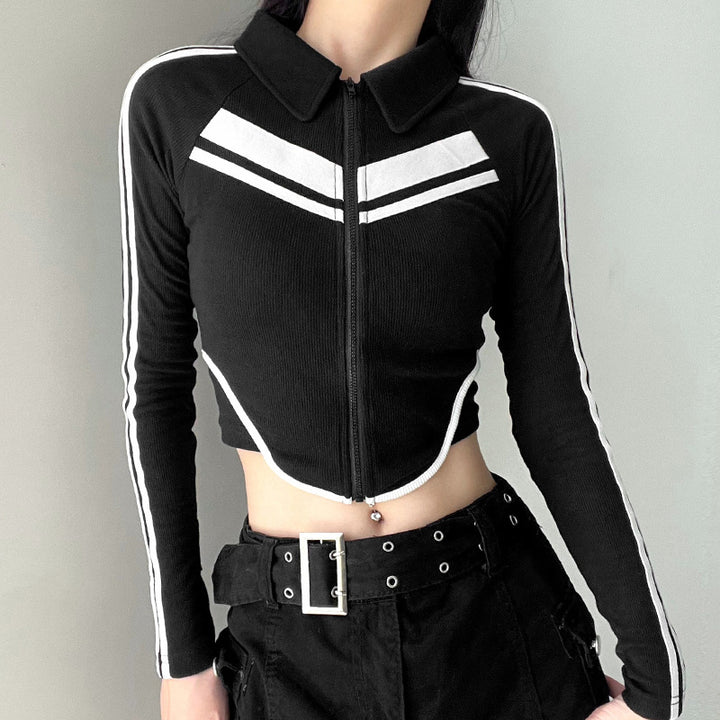 Sweet And Spicy Style Polo Collar Striped Short Stitching Coat Zipper Cardigan Long-sleeve T-shirt-Blouses & Shirts-Zishirts