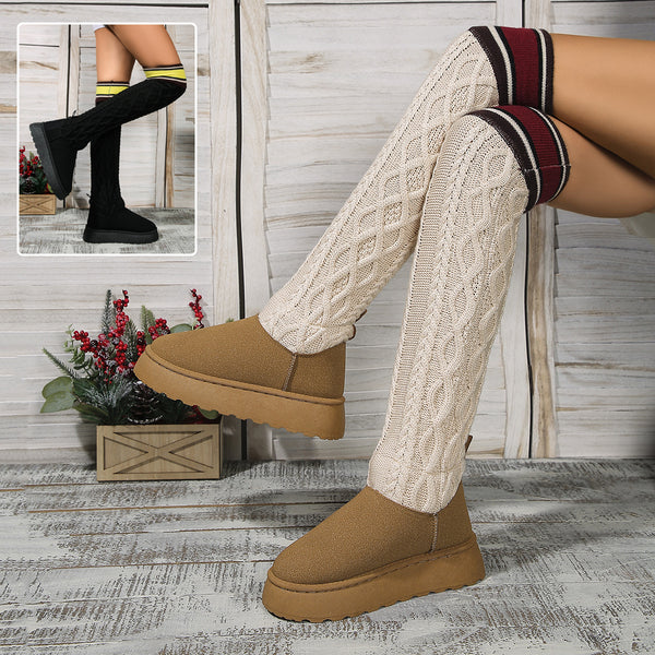 Winter Over-the-knee Boots With Long Knitted Sock Design Fashion Flat Thick-soled Shoes For Women Casual Warm Long Boot-4-Zishirts