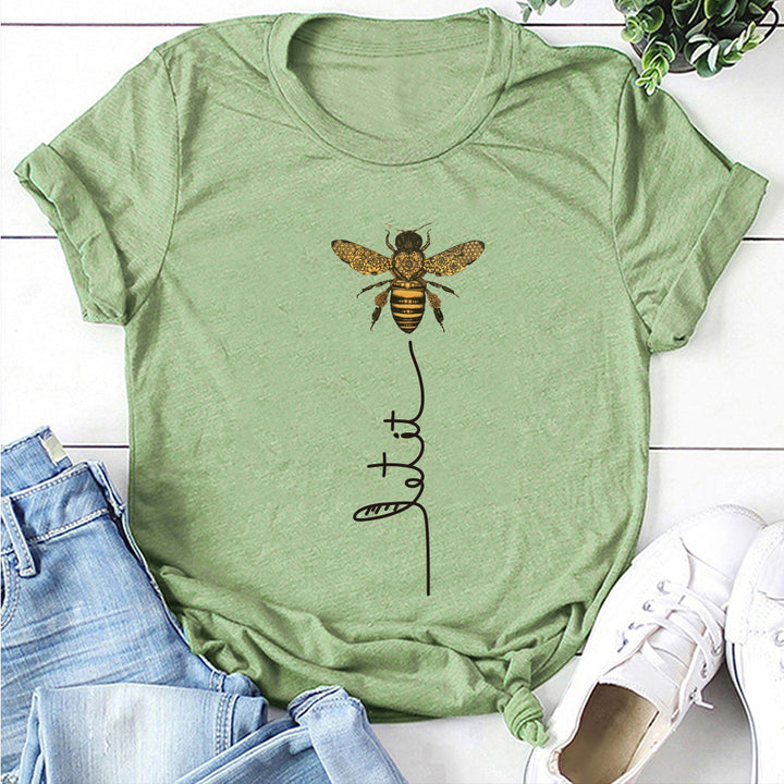 Bee And Letter Print Pattern Women's Loose T-shirt-Women's Outerwear 2023-Zishirts