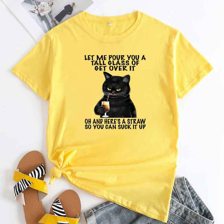 Plus Size Cat Printing Cotton Round Neck Short Sleeve-Blouses & Shirts-Zishirts