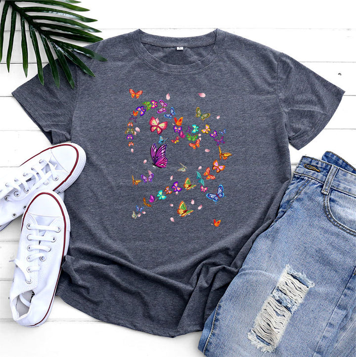 Women's Fashionable Simple Heart Butterfly Printed Round Neck Short Sleeve T-shirt-Blouses & Shirts-Zishirts