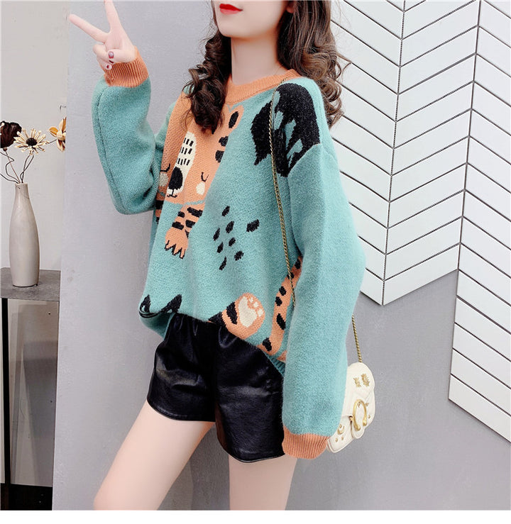 Cashmere Sweater College Style Korean Style Loose And Lazy Style Round Neck Top-Sweaters-Zishirts