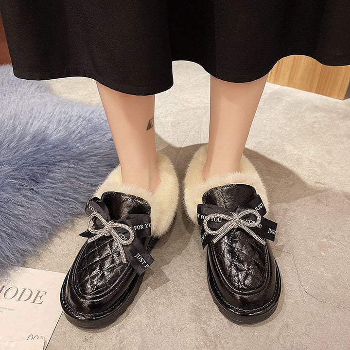 Bow Fluffy Shoes Female Glossy Low-top Snow Boots-Womens Footwear-Zishirts