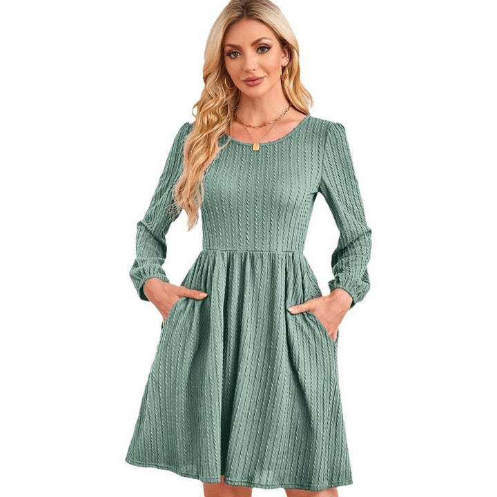 Round Neck Pocket Knitted Sweater Long Sleeve A- Line Dress-Lady Dresses-Zishirts