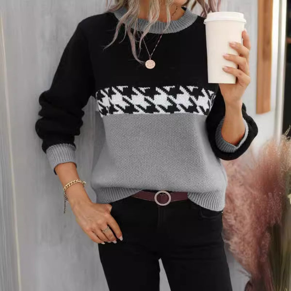 Contrast Color Pullover Round Neck Knitted Sweater Fashion Geometry Pattern-0-Zishirts