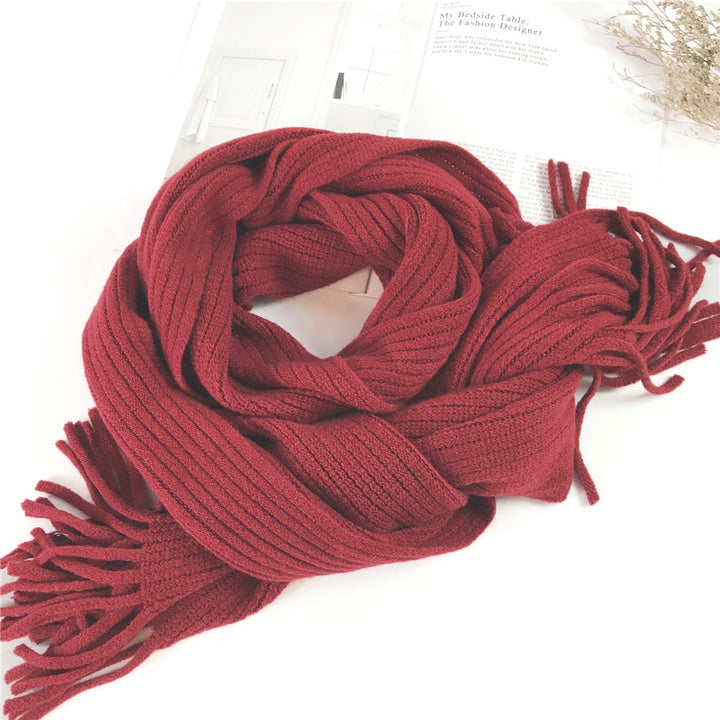 Thickened Warm Long Solid Color Tassel Knitted Wool Scarf-Scarves & Wraps-Zishirts