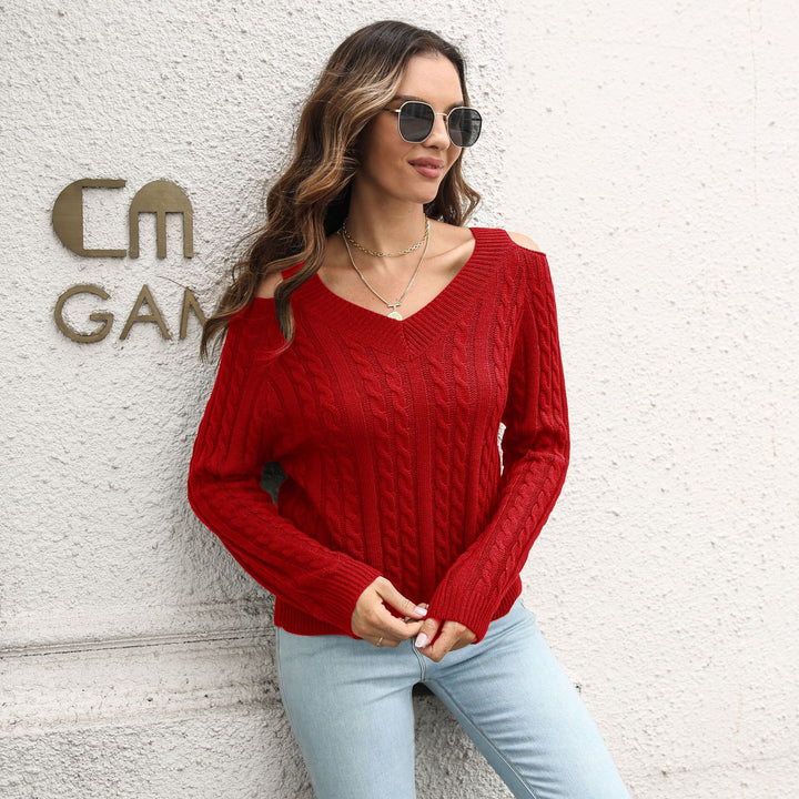 Twist Off-the-shoulder V-neck Sweater Loose Autumn And Winter Long Sleeve Sweater-Sweaters-Zishirts