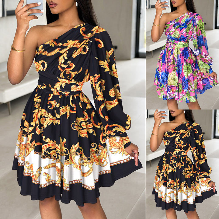 Fashion Shoulder-baring Waist Trimming Printing Dress Women-Lady Dresses-Zishirts