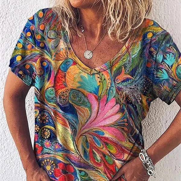 Europe And America Cross Border Summer Elegance Women's 3D Women's Abstract Painting T-shirt Pattern Graffiti-Blouses & Shirts-Zishirts