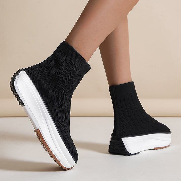 Women's Thick-soled Boots Knitted Round Toe Socks Shoes Casual Breathable Solid Color Flying Knit Ankle Boots-Womens Footwear-Zishirts