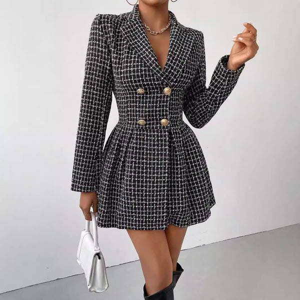 Fashion Plaid Temperament Commute V-neck Long Sleeve Skirt Coat-Jackets-Zishirts