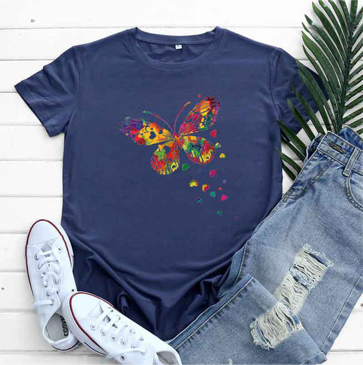 Women's Fashion Casual Heart Butterfly Printed Cotton Round Neck Short Sleeve-Women's Outerwear 2023-Zishirts