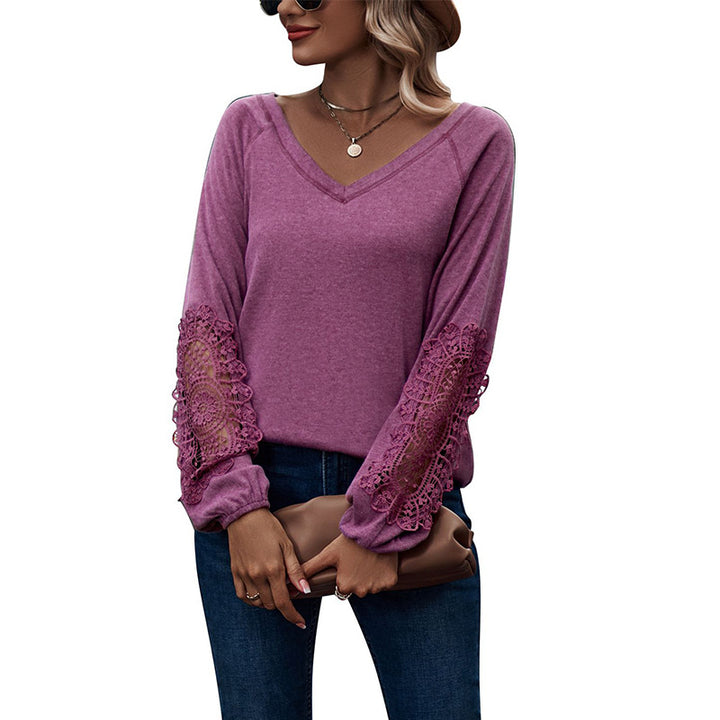 Loose Casual V-neck Lace Lace Long-sleeved-Blouses & Shirts-Zishirts