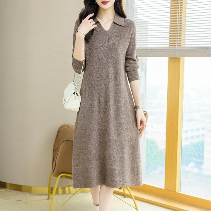 Lapel Knitted Dress Women's Clothing-Lady Dresses-Zishirts