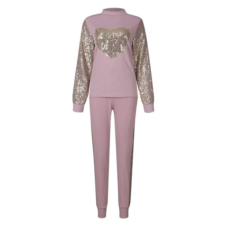 Women's Love Sequined Turtleneck Top And Trousers Casual Suit-Women's Outerwear 2023-Zishirts