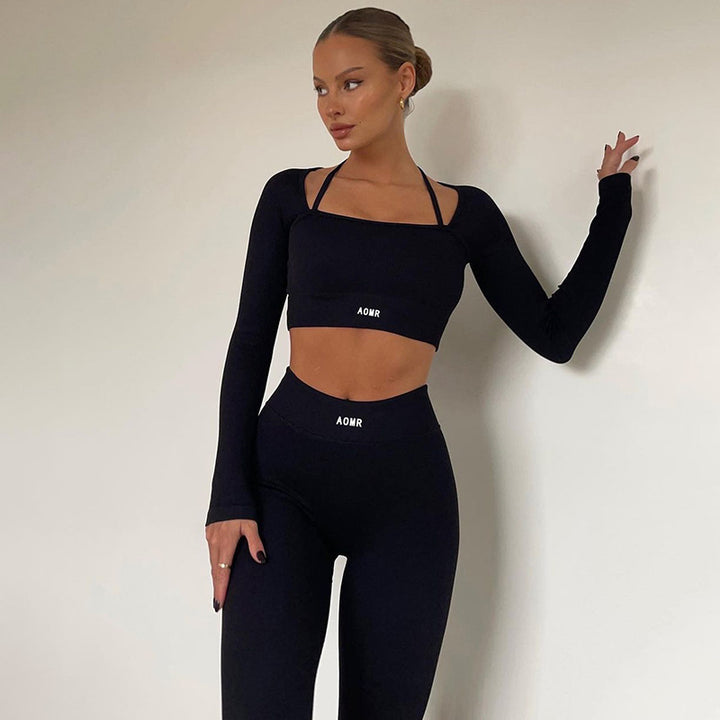 Solid Color Knitted Letter Body-hugging Suit Round Neck Long Sleeve Short Top High Waist Skinny Leggings Two-piece Set-Womens 2024 March-Zishirts