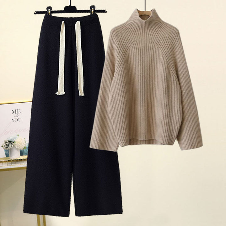 Thickened Coarse Yarn Knitwear Wide Leg Pants Two-piece Set-Women's Outerwear 2023-Zishirts