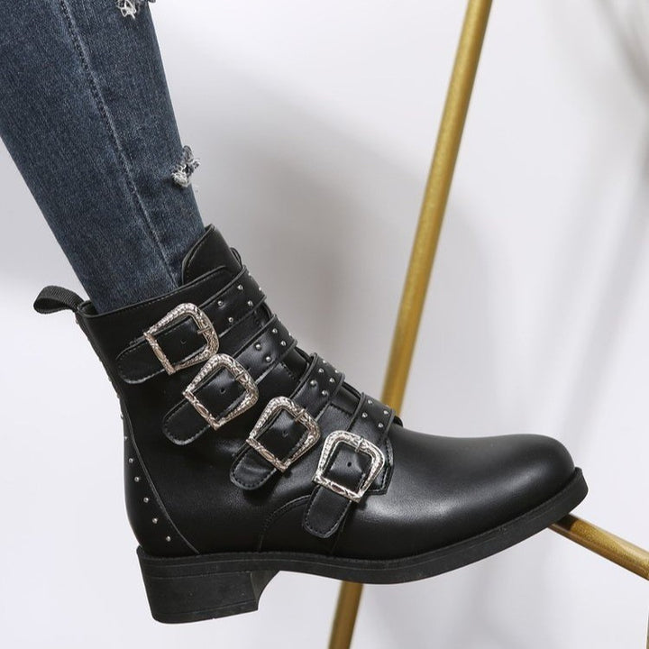 Women's Fashion Belt Buckle Flat Heel Mid-calf Chunky Heel Round Head Dr Martens Boots-Womens Footwear-Zishirts