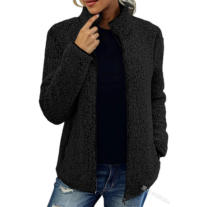 Stand Collar Solid Color Top Sweater Women's Casual Fashion Long Sleeve Zipper Bubble Velvet Coat-Jackets-Zishirts