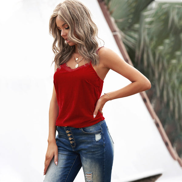 Velvet Spaghetti Straps Base Vest Inner Match Loose Lace Camisole Top-Blouses & Shirts-Zishirts