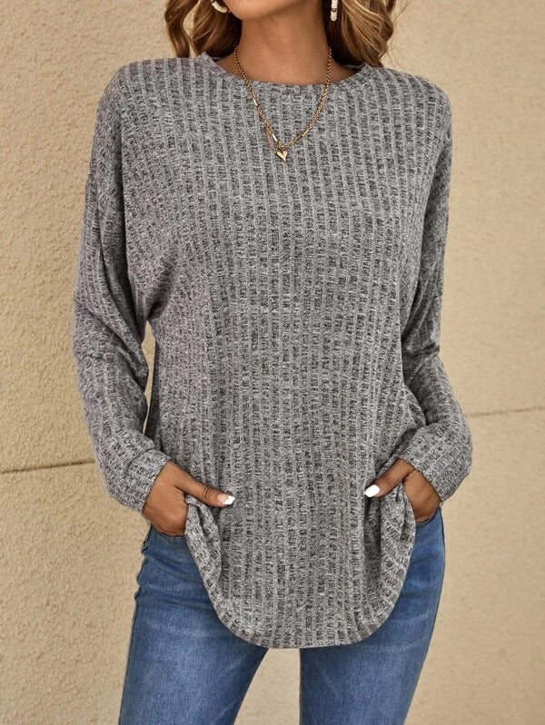 Round Neck Sunken Stripe Long Sleeve Loose T Shirt-Sweaters-Zishirts