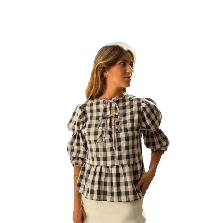 Women's Fashion Casual Plaid Hollow Out Tied Puff Sleeve Shirt-Womens 2024 March-Zishirts