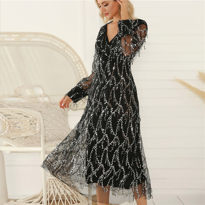 Women's V-neck Tassel Sequins Dress-Lady Dresses-Zishirts