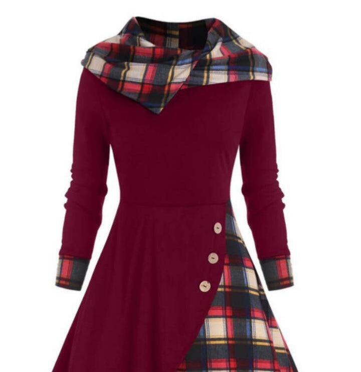 Plaid Stitching Hooded Turtleneck Dress-Lady Dresses-Zishirts