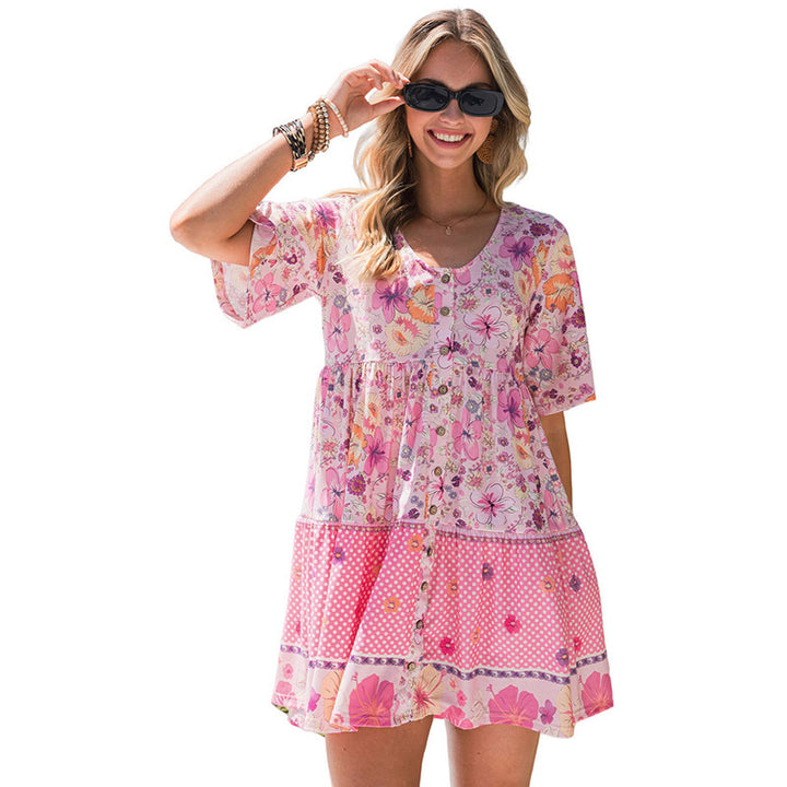 Floral Print Short Sleeve Dress Women's Clothing-Women's Outerwear 2023-Zishirts