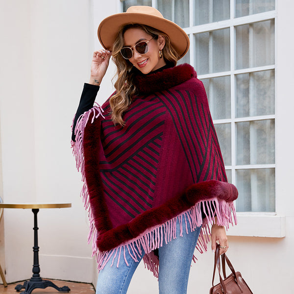 Drizzling Fur Collar Pullover Tassel Knitted Cape For Women-Scarves & Wraps-Zishirts