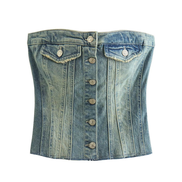 Women's Denim Short Vest Top-Blouses & Shirts-Zishirts